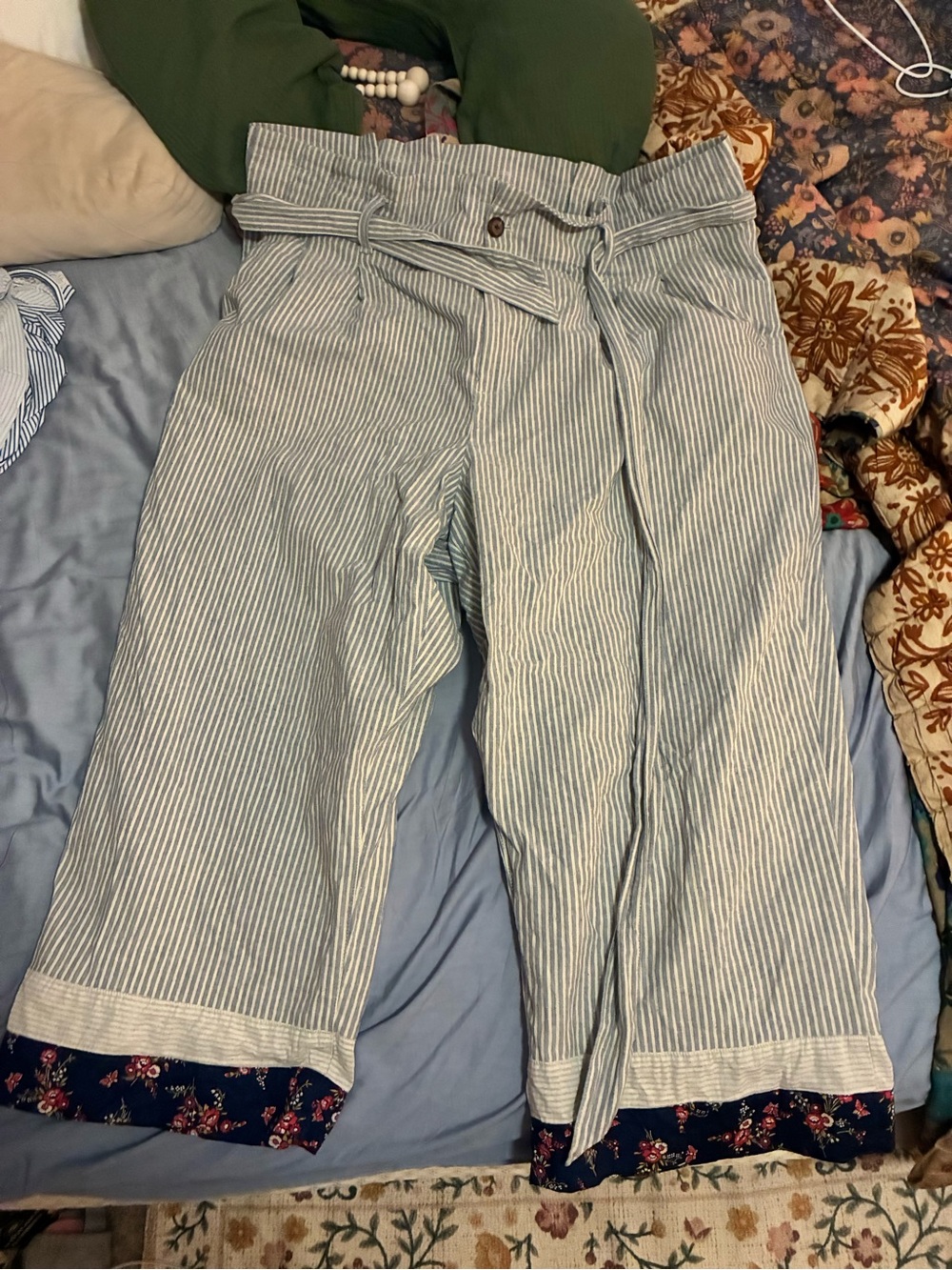 Madewell Blue and White Striped Paperbag Waist Trousers with Floral Cuff